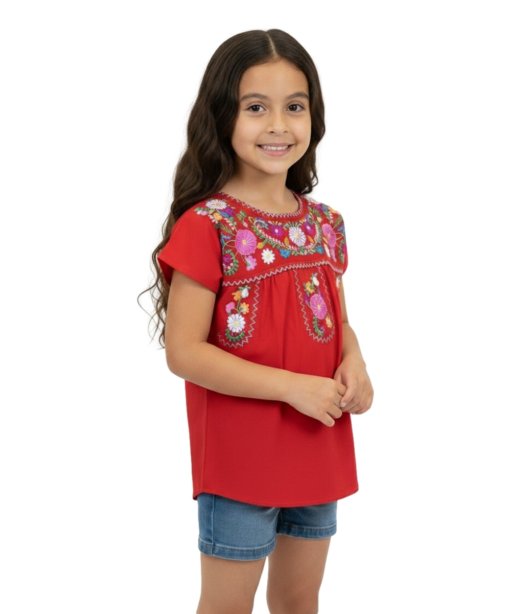 Girl Traditional Puebla Mexican Embroidered Blouse - Red (4-14) $7.50 Per Piece. MT800