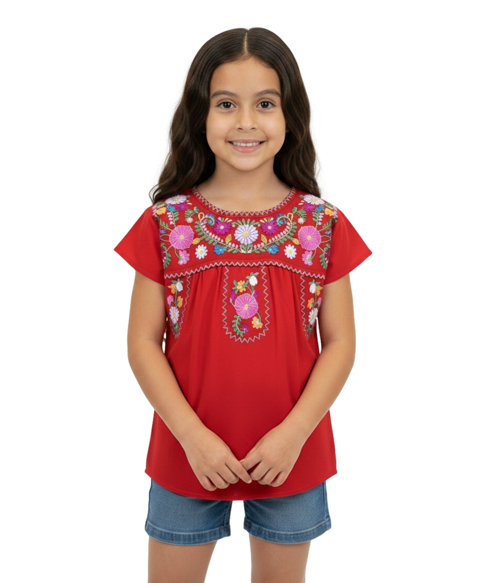 Girl Traditional Puebla Mexican Embroidered Blouse - Red (4-14) $7.50 Per Piece. MT800