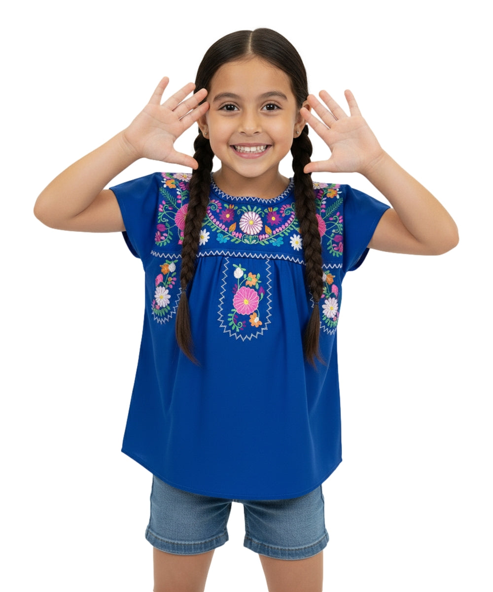 Traditional Puebla Royal Blue Mexican Youth Girl Embroidered Blouse (4-14) $7.50 Per Piece. MT800