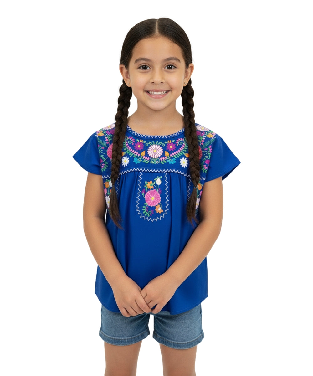 Traditional Puebla Royal Blue Mexican Youth Girl Embroidered Blouse (4-14) $7.50 Per Piece. MT800