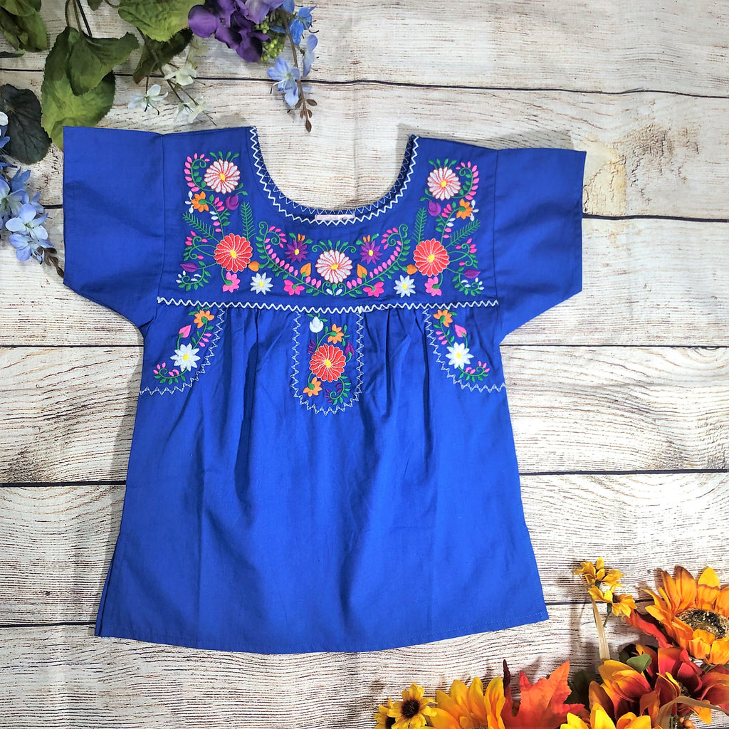 Traditional Puebla Royal Blue Mexican Youth Girl Embroidered Blouse (4-14) $7.50 Per Piece. MT800