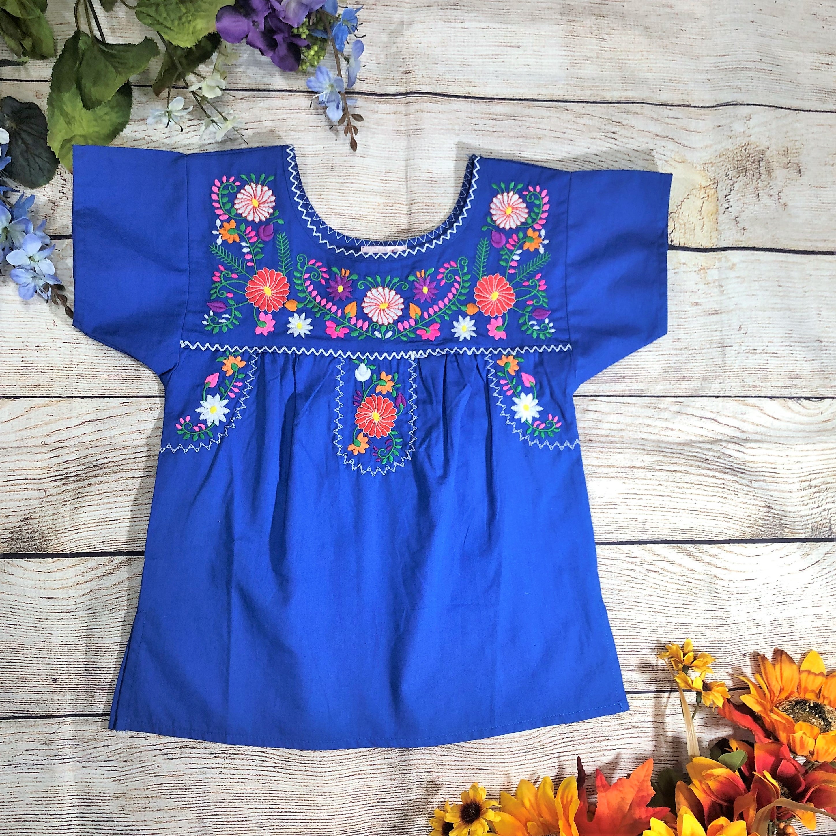 Traditional Puebla Royal Blue Mexican Youth Girl Embroidered Blouse (4-14) $7.50 Per Piece. MT800