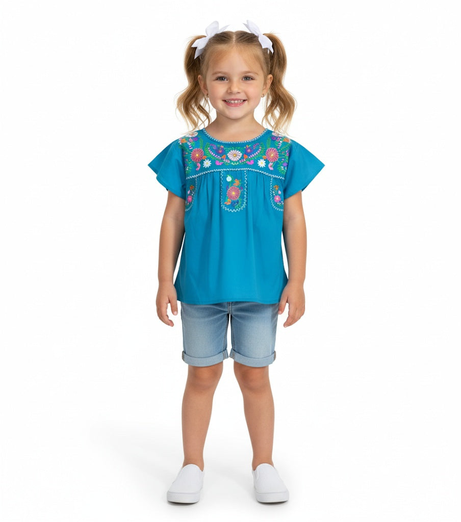 Traditional Puebla Tuquoise Mexican Youth Girl Embroidered Blouse (4-14) $7.50 Per Piece. MT800