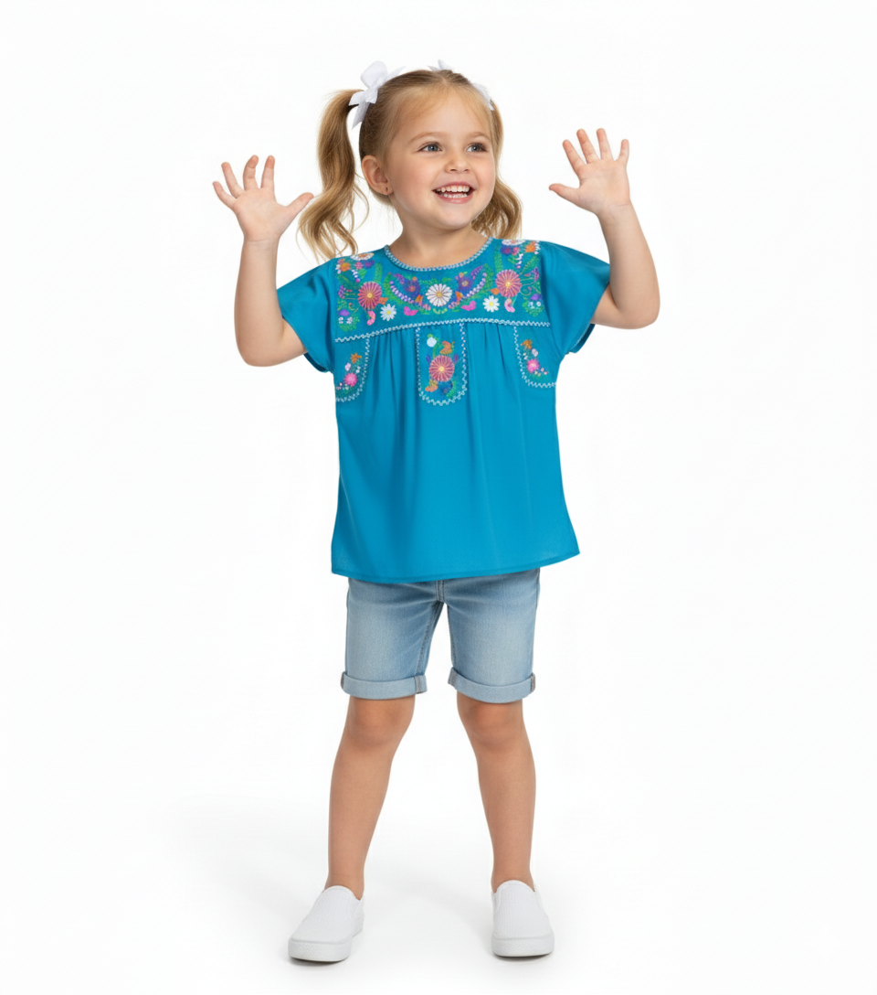 Traditional Puebla Tuquoise Mexican Youth Girl Embroidered Blouse (4-14) $7.50 Per Piece. MT800