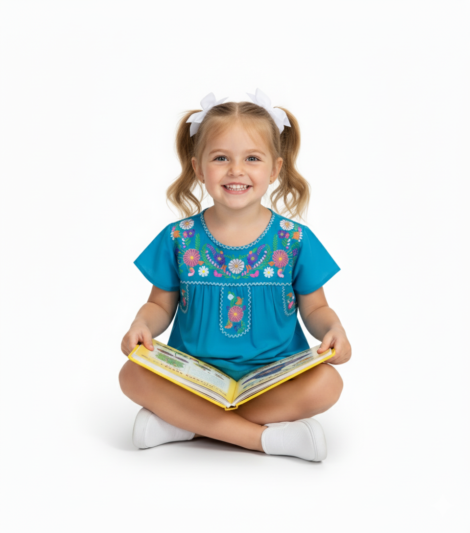 Traditional Puebla Tuquoise Mexican Youth Girl Embroidered Blouse (4-14) $7.50 Per Piece. MT800
