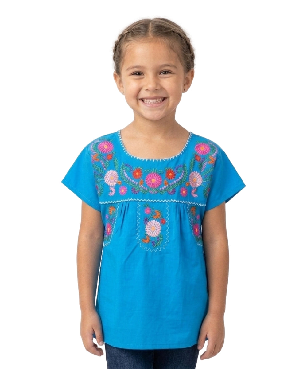 Traditional Puebla Tuquoise Mexican Youth Girl Embroidered Blouse (4-14) $7.50 Per Piece. MT800
