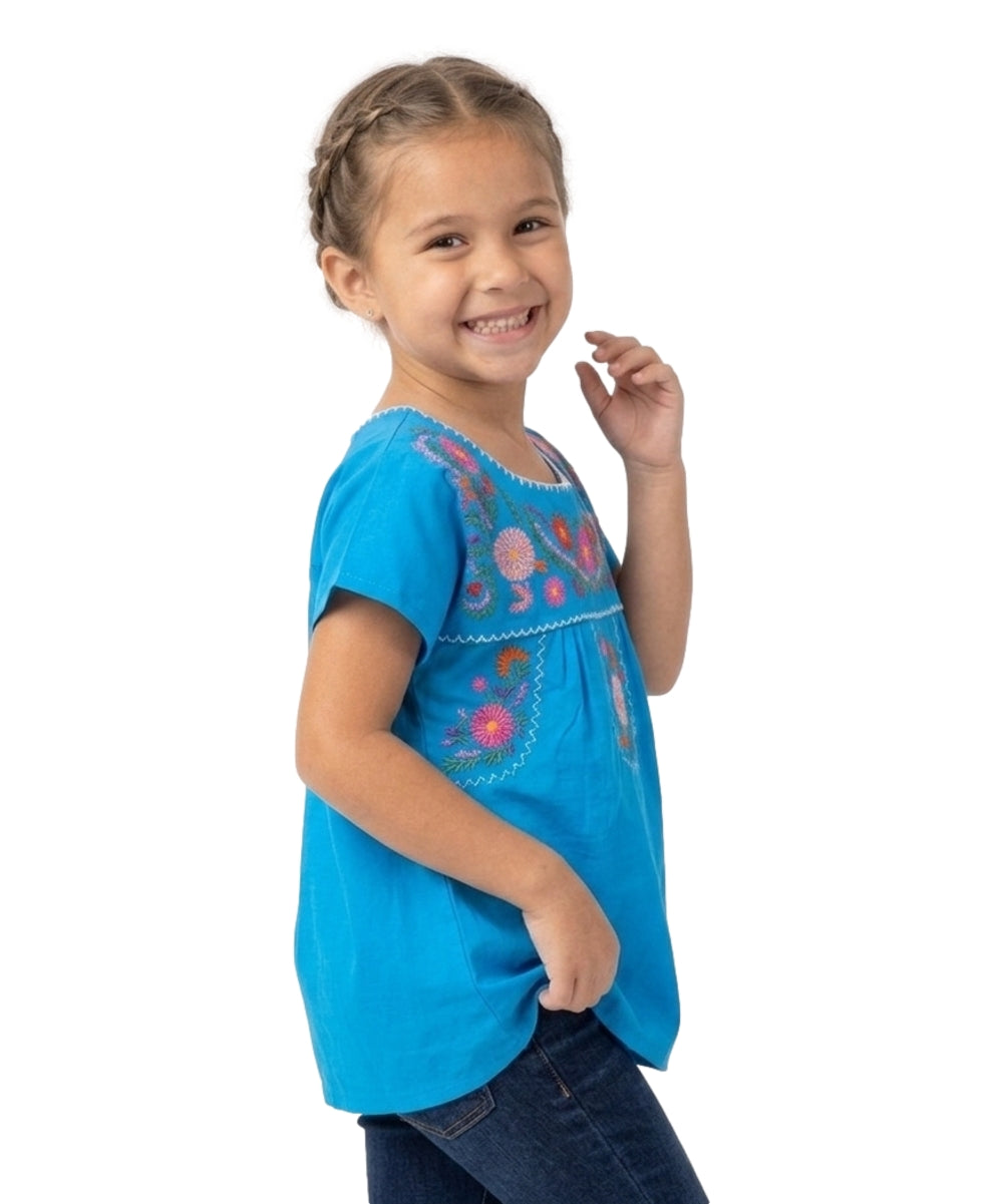 Traditional Puebla Tuquoise Mexican Youth Girl Embroidered Blouse (4-14) $7.50 Per Piece. MT800