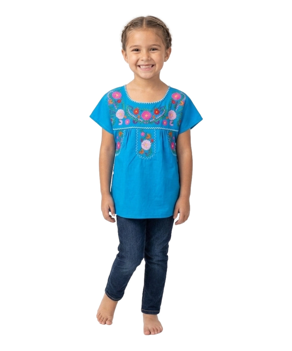 Traditional Puebla Tuquoise Mexican Youth Girl Embroidered Blouse (4-14) $7.50 Per Piece. MT800