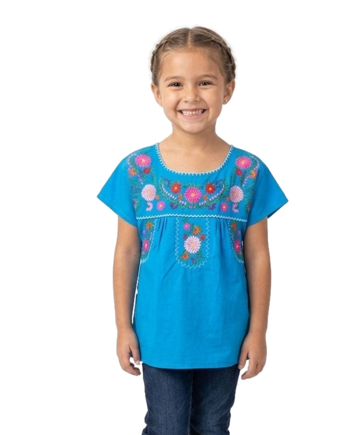 Girl Traditional Puebla Mexican Embroidered Blouse - Turquoise (4-14) $7.50 Per Piece. MT800