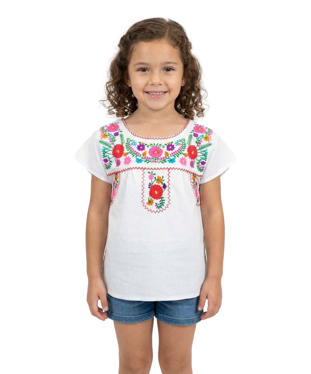Traditional Puebla White Mexican Youth Girl Embroidered Blouse (4-14) $7.50 Per Piece. MT800