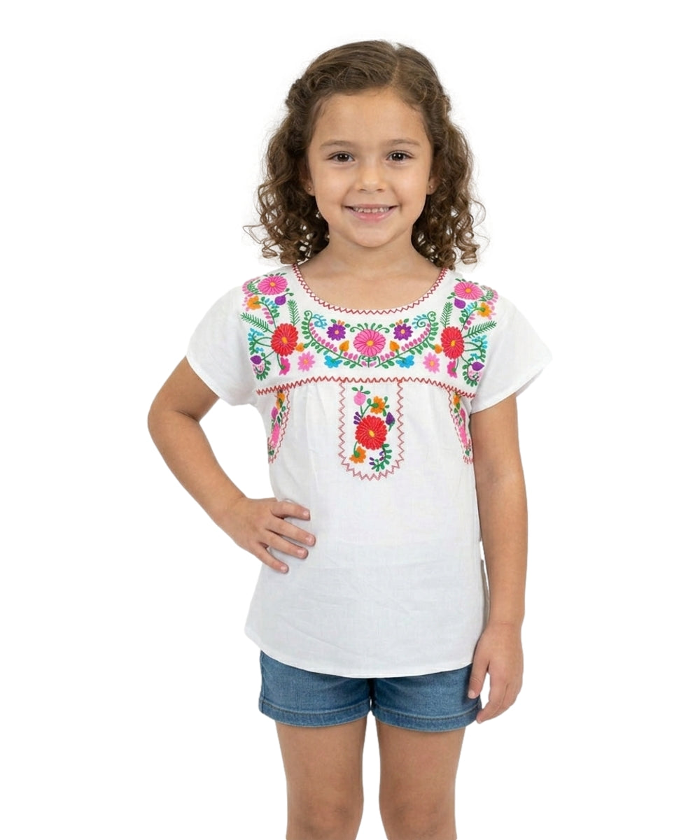 Traditional Puebla White Mexican Youth Girl Embroidered Blouse (4-14) $7.50 Per Piece. MT800