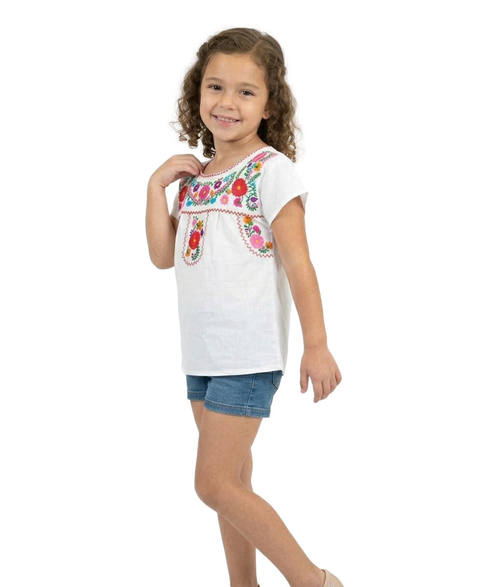 Traditional Puebla White Mexican Youth Girl Embroidered Blouse (4-14) $7.50 Per Piece. MT800