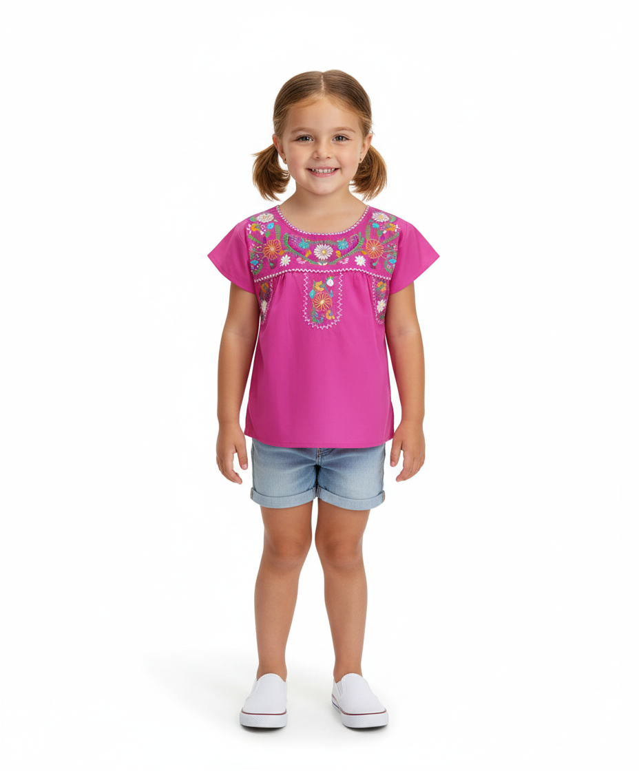 Traditional Puebla Pink Mexican Youth Girl Embroidered Blouse (4-14) $7.50 Per Piece. MT800