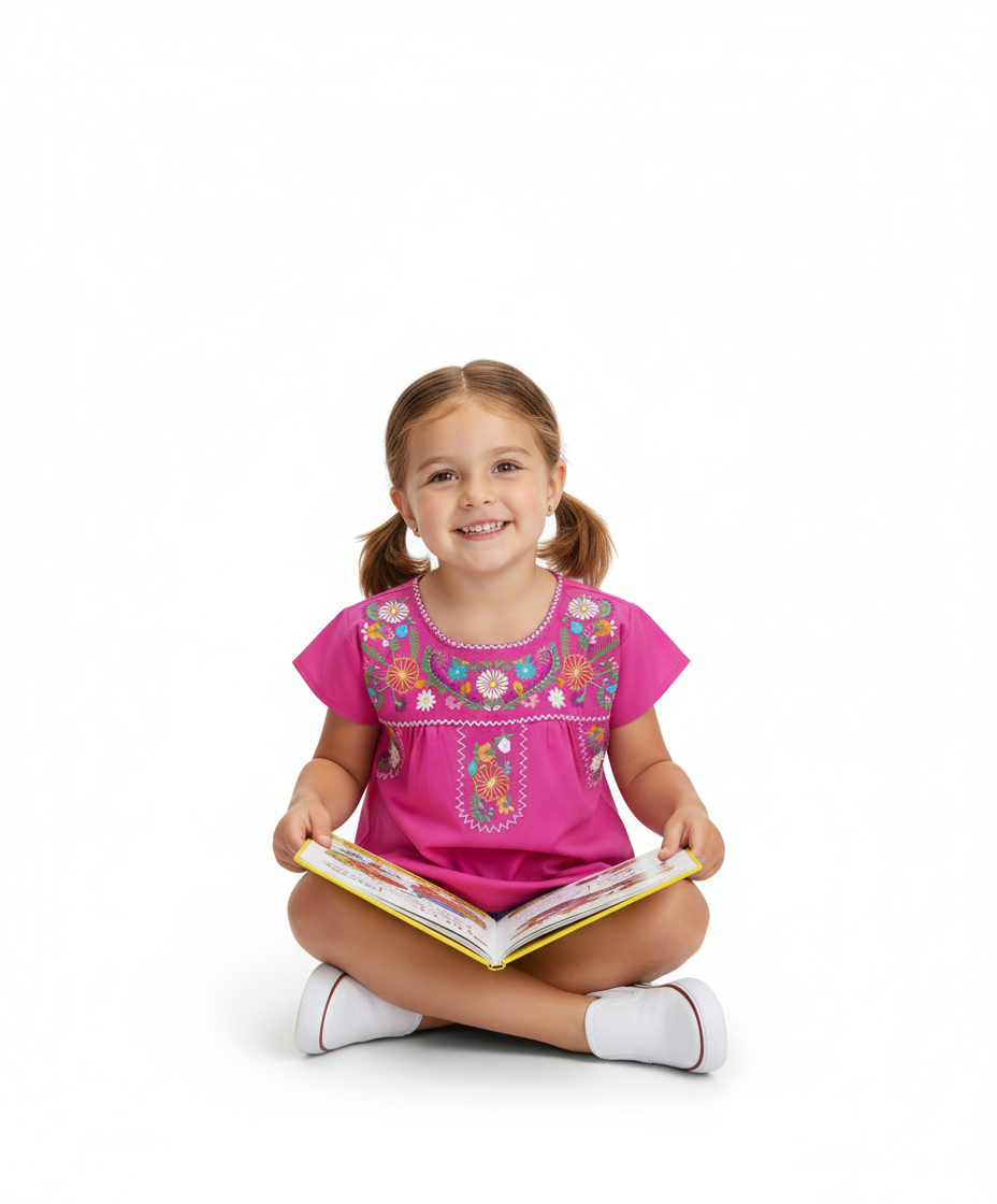 Traditional Puebla Pink Mexican Youth Girl Embroidered Blouse (4-14) $7.50 Per Piece. MT800