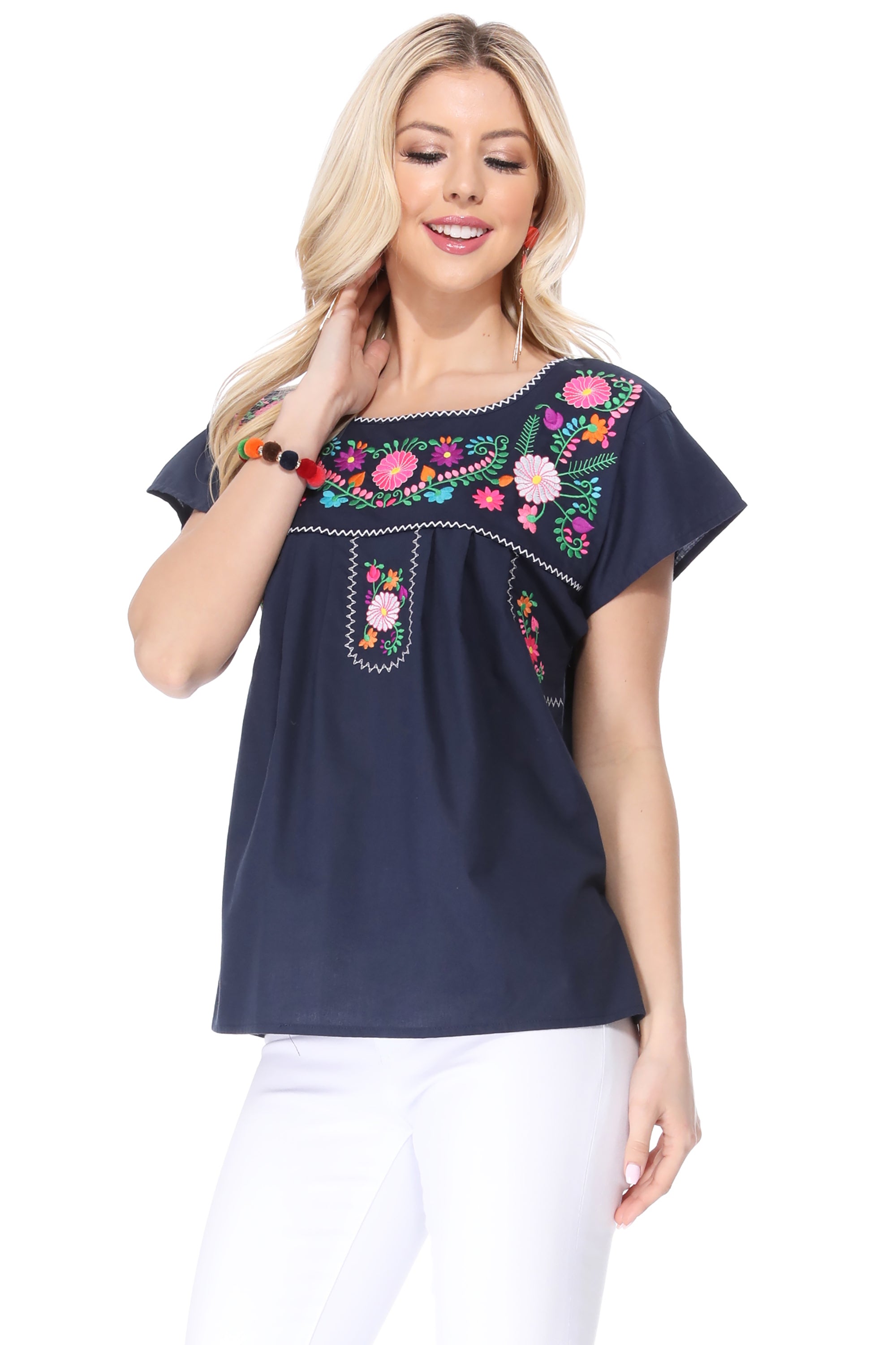 Traditional Navy Mexican Women Blouse (S-XL) $8.5 and (2XL-3XL) $9.50 Per Piece. MT801