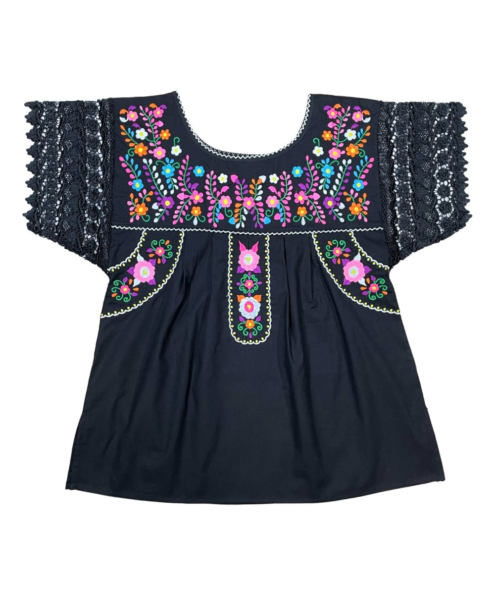 Traditional Black Mexican Women Blouse with Lace (S-XL) $8.5 and (2XL-3XL) $9.50 Per Piece. MT802