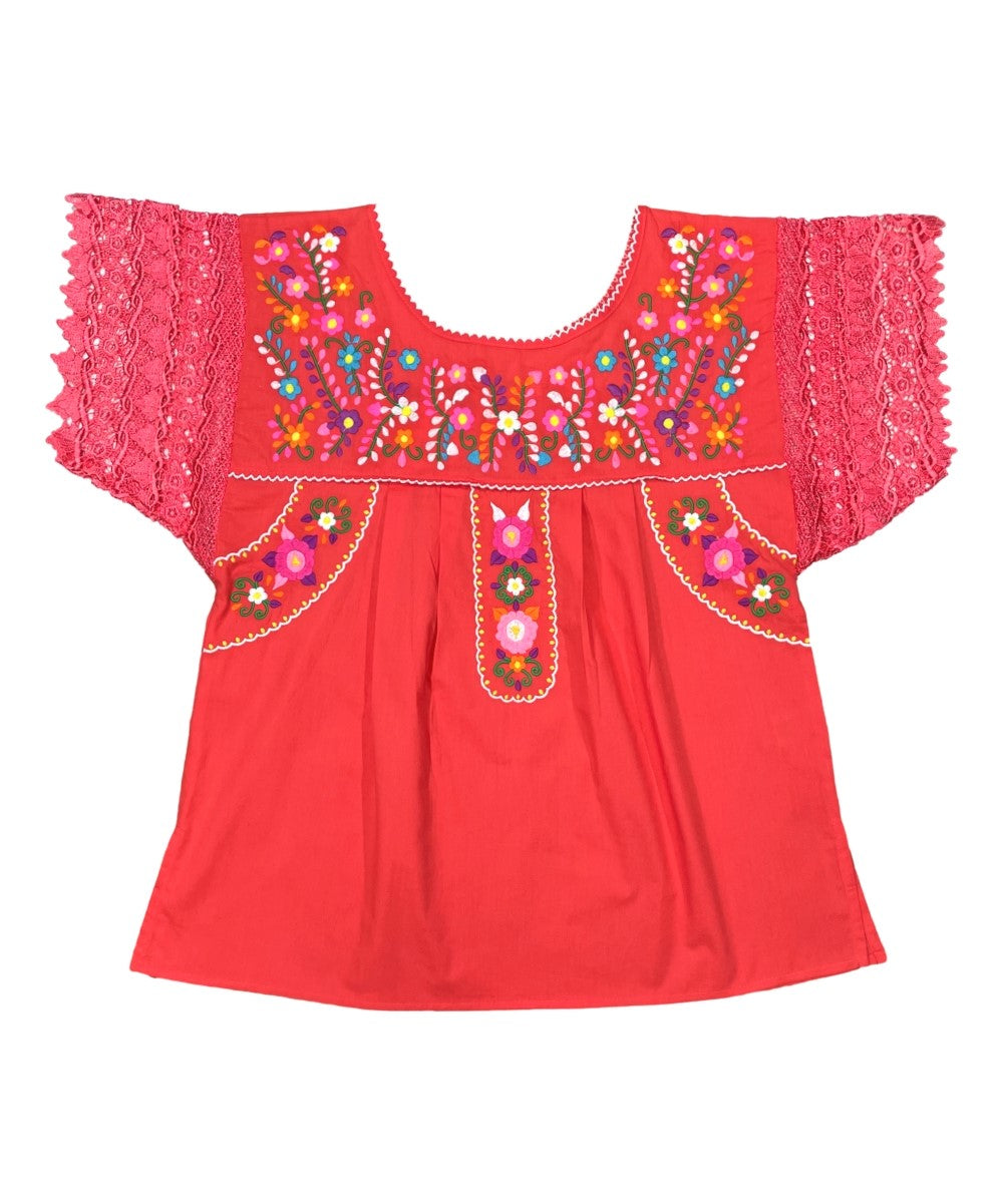 Traditional Coral Mexican Women Blouse with Lace (S-XL) $8.5 and (2XL-3XL) $9.50 Per Piece. MT802