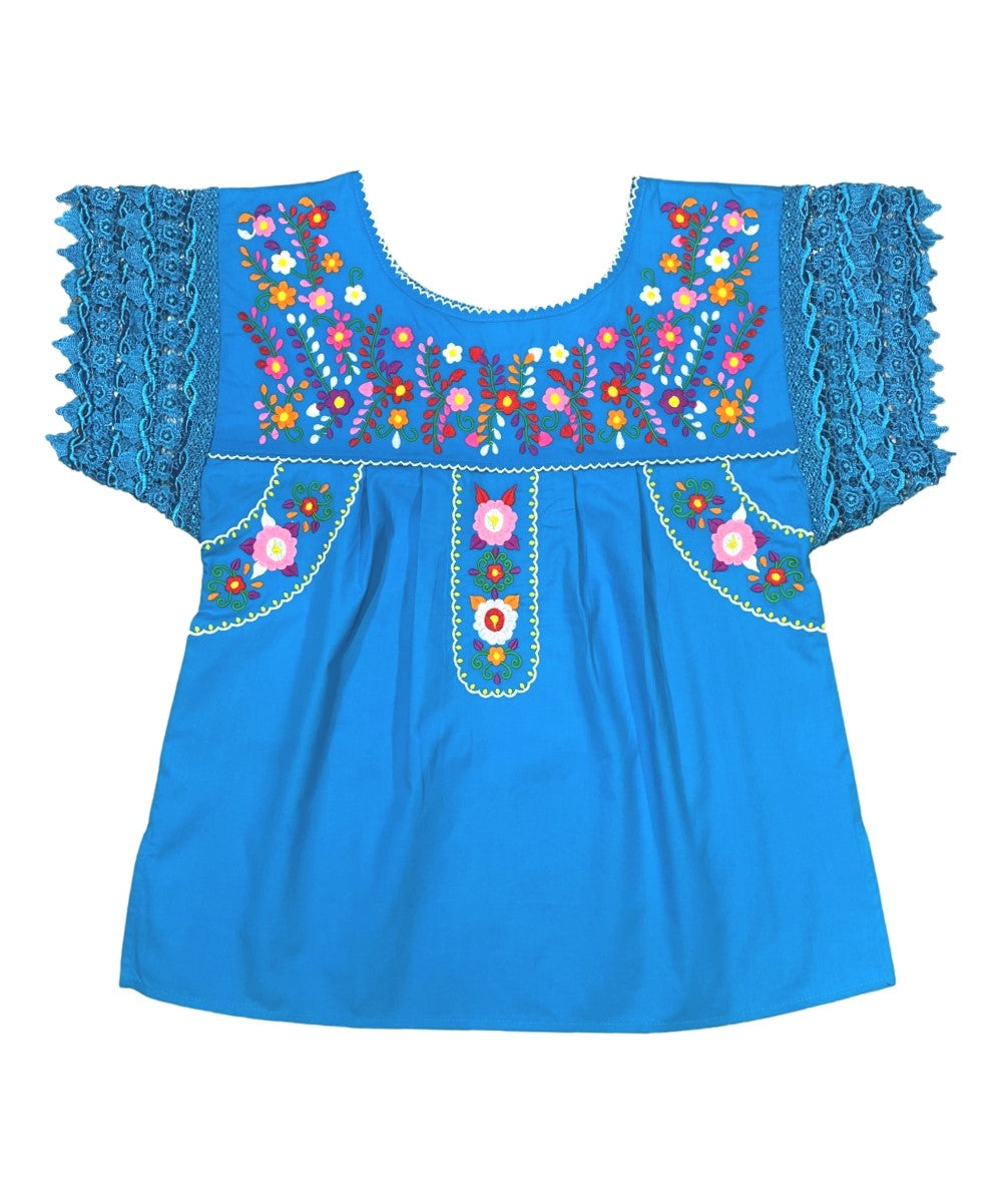 Traditional Turquoise Mexican Women Blouse with Lace (S-XL) $8.5 and (2XL-3XL) $9.50 Per Piece. MT802