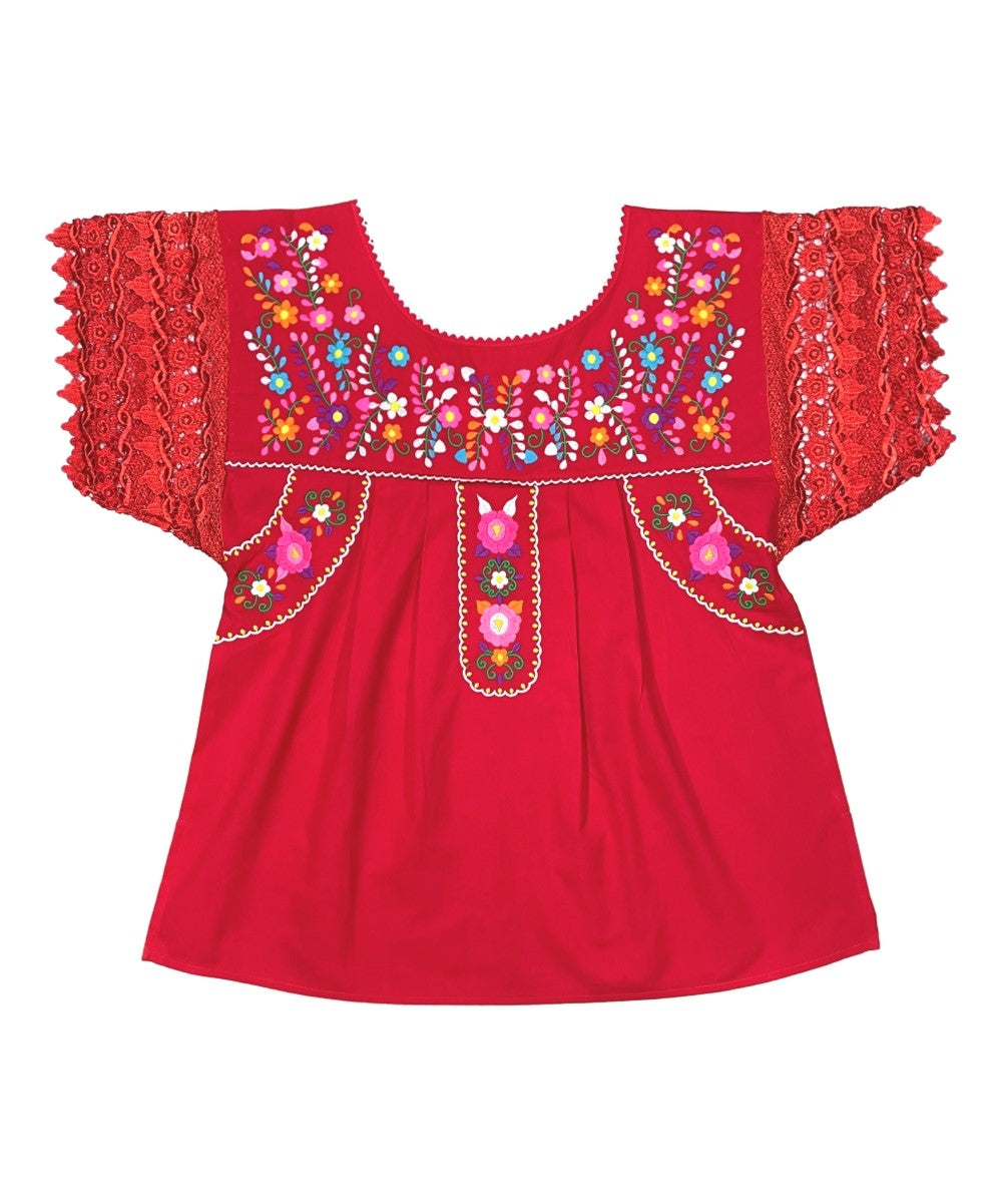 Traditional Red Mexican Women Blouse with Lace (S-XL) $8.5 and (2XL-3XL) $9.50 Per Piece. MT802