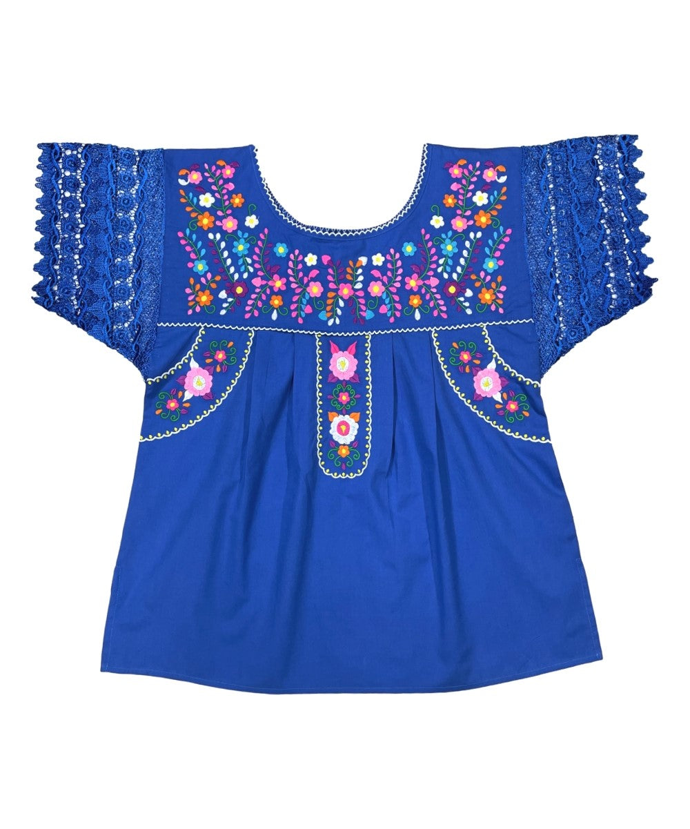 Traditional Royal Blue Mexican Women Blouse with Lace (S-XL) $8.5 and (2XL-3XL) $9.50 Per Piece. MT802