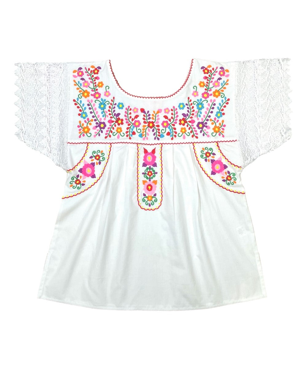 Traditional White Mexican Women Blouse with Lace (S-XL) $8.5 and (2XL-3XL) $9.50 Per Piece. MT802