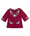 Burgundy Embroidered Cotton Blend Bohemian Blouses 3/4 Sleeves for Fiestas and All Occasions  (S-3XL) $8 Per Piece. MT804