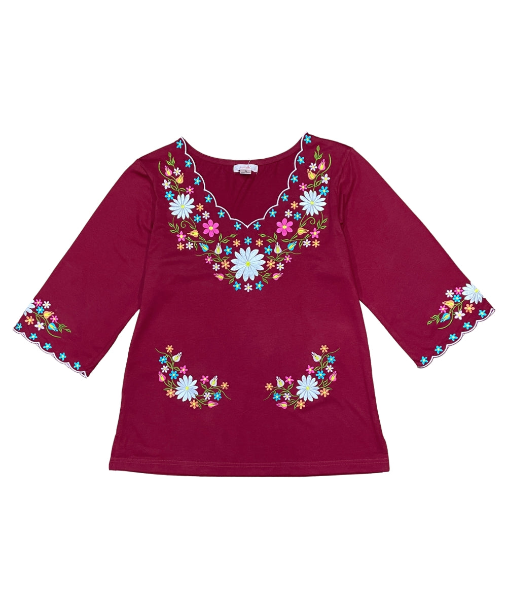 Burgundy Embroidered Cotton Blend Bohemian Blouses 3/4 Sleeves for Fiestas and All Occasions  (S-3XL) $8 Per Piece. MT804