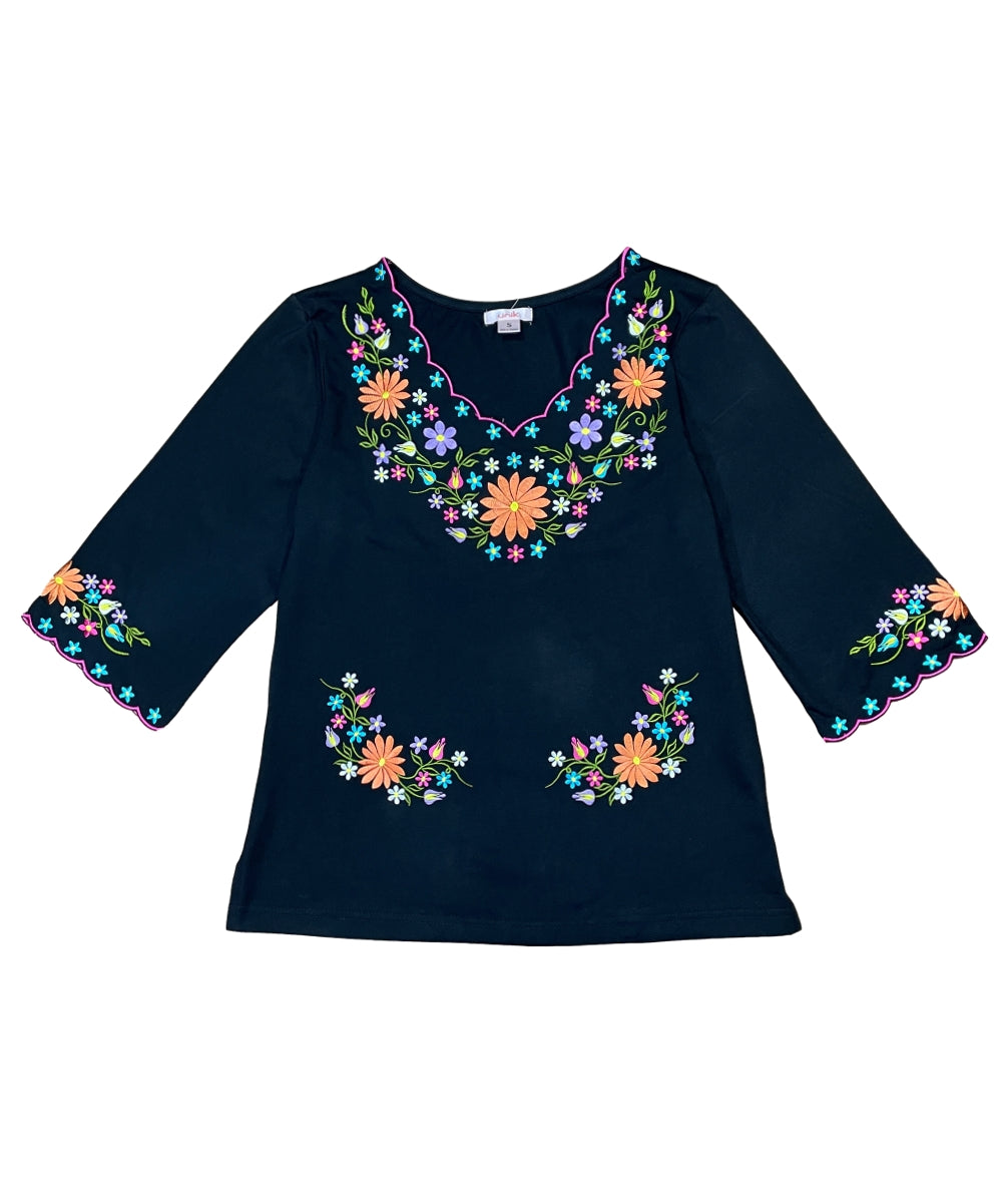 Black Embroidered Cotton Blend Bohemian Blouses 3/4 Sleeves for Fiestas and All Occasions  (S-3XL) $8 Per Piece. MT804