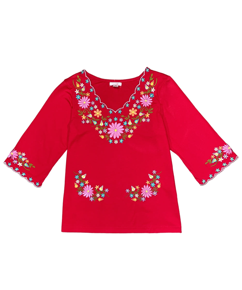 Red Embroidered Cotton Blend Bohemian Blouses 3/4 Sleeves for Fiestas and All Occasions  (S-3XL) $8 Per Piece. MT804