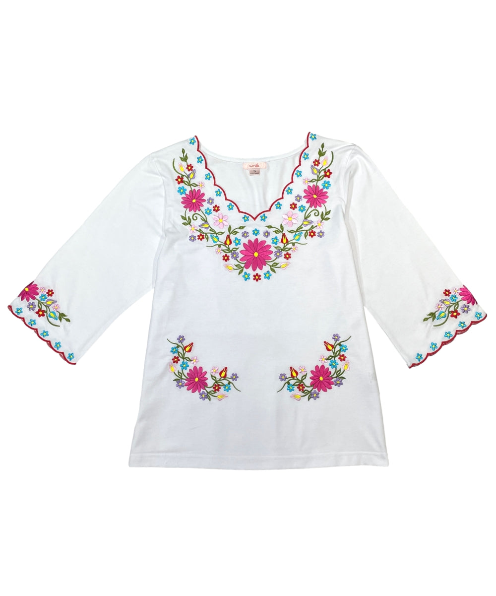White Embroidered Cotton Blend Bohemian Blouses 3/4 Sleeves for Fiestas and All Occasions  (S-3XL) $8 Per Piece. MT804