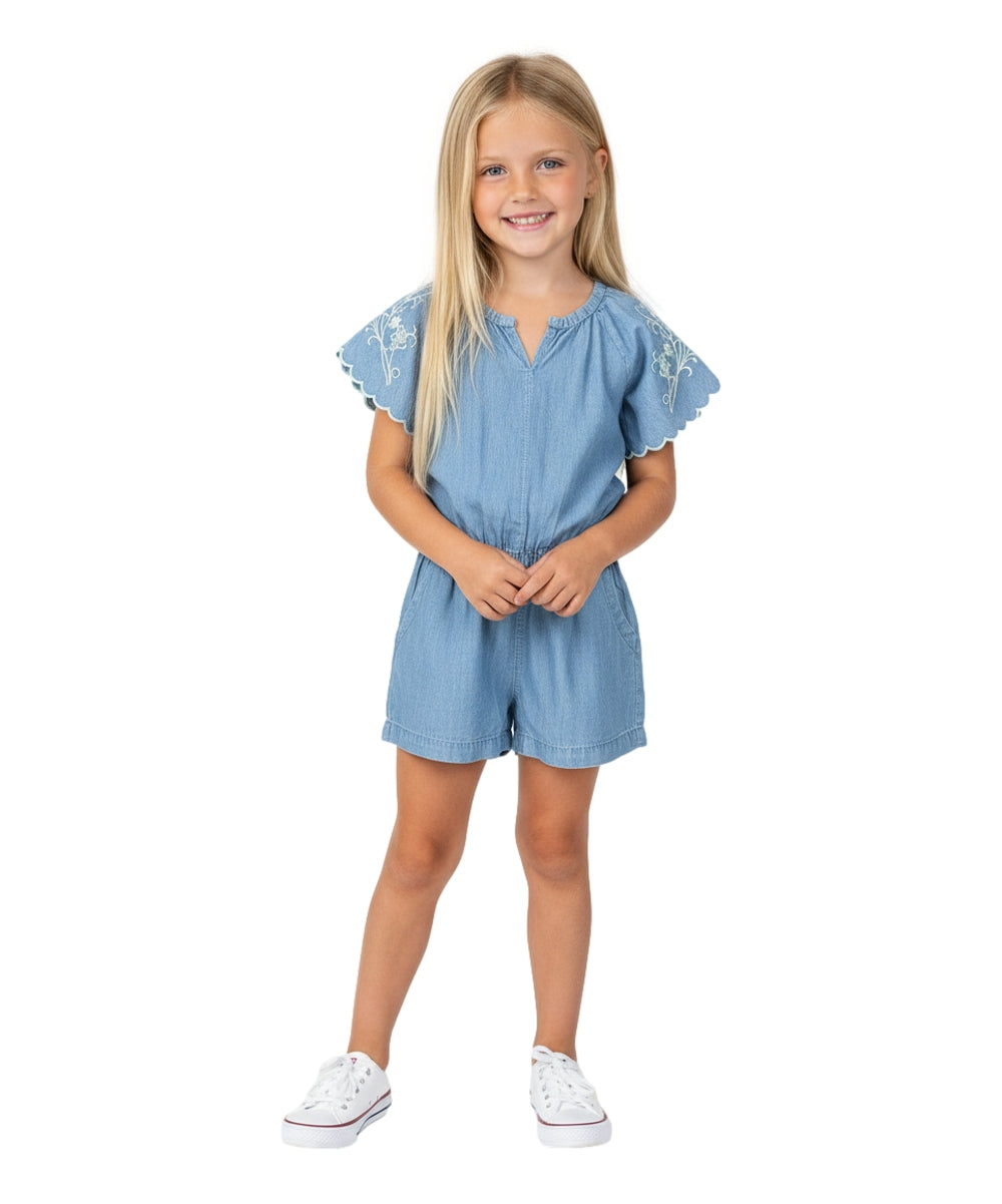 Girl Denim Romper with Flower Embroidery. (2-4), (5-8) $7 Per Piece RP22110