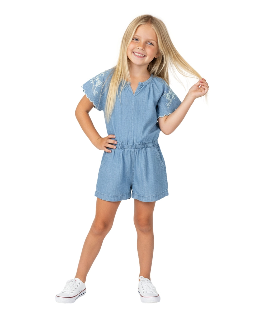 Girl Denim Romper with Flower Embroidery. (2-4), (5-8) $7 Per Piece RP22110