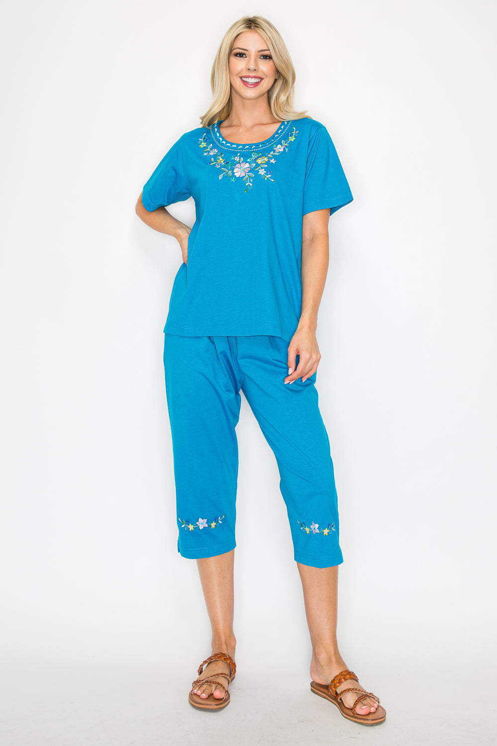 Women's Short Sleeve 7 Petals Floral Embroidered and Matching Capri Set (S-3X) $12.00 Per Set. WS16 Option C