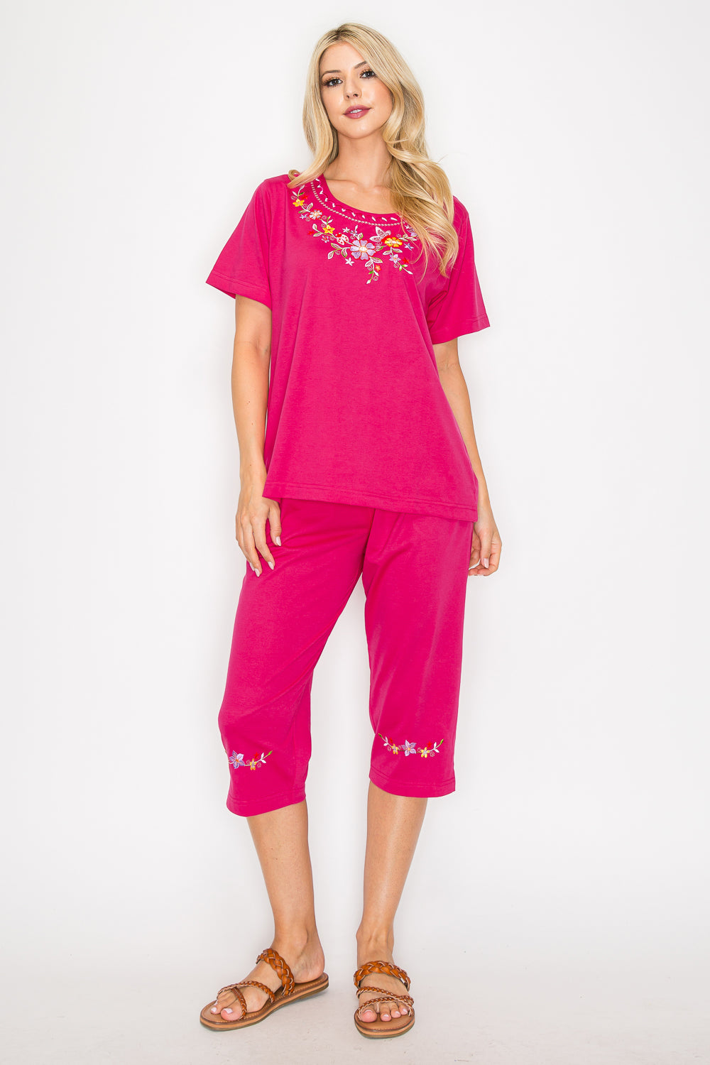 Women's Short Sleeve 7 Petals Floral Embroidered and Matching Capri Set (S-3X) $12.00 Per Set. WS16 Option C