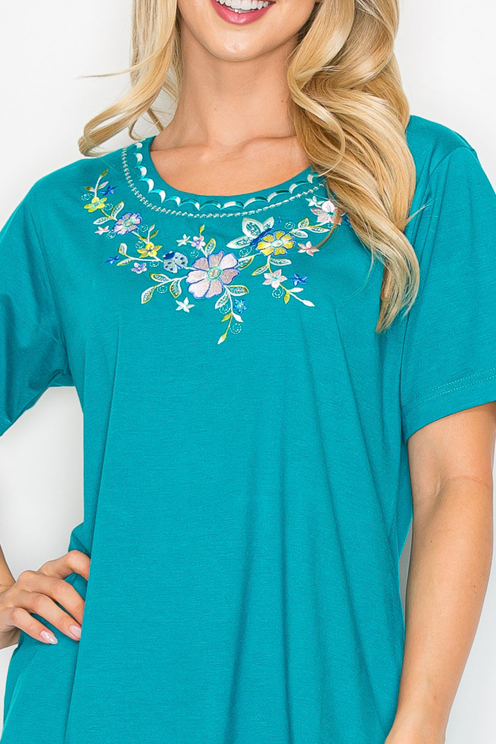 Women's Short Sleeve 7 Petals Floral Embroidered and Matching Capri Set (S-3X) $12.00 Per Set. WS16 Option C