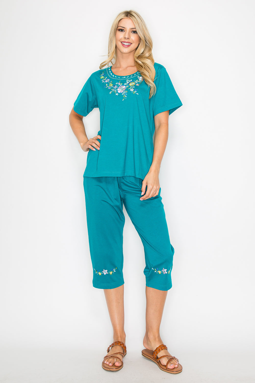 Women's Short Sleeve 7 Petals Floral Embroidered and Matching Capri Set (S-3X) $12.00 Per Set. WS16 Option C