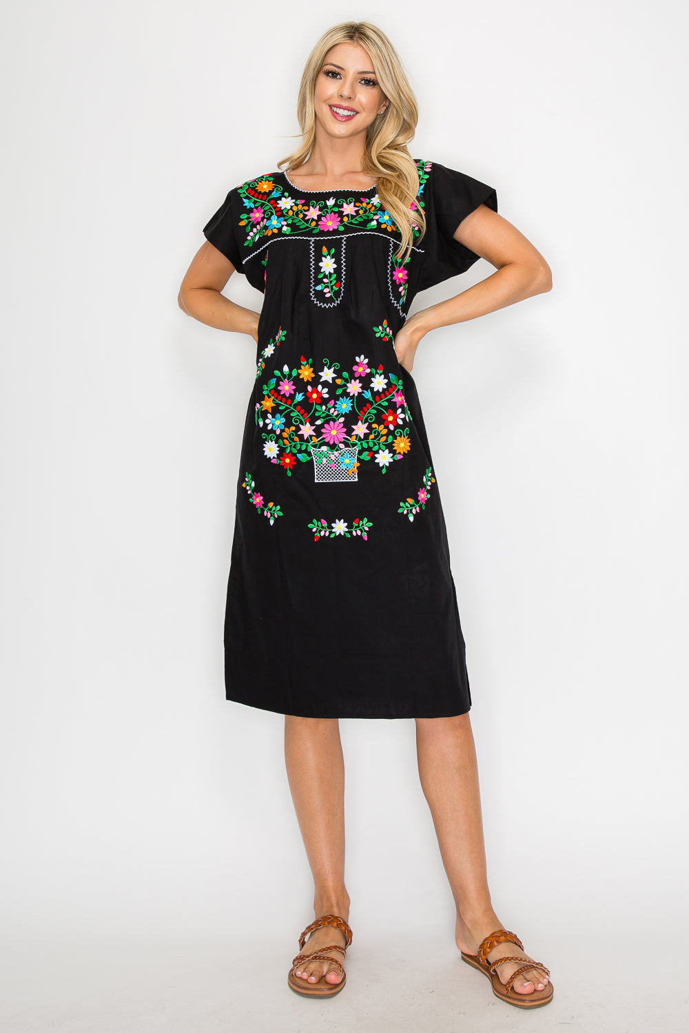 Traditional Black Mexican  Dress with Colorful Embroidery (S-3XL) $15 Per Piece. WD2058