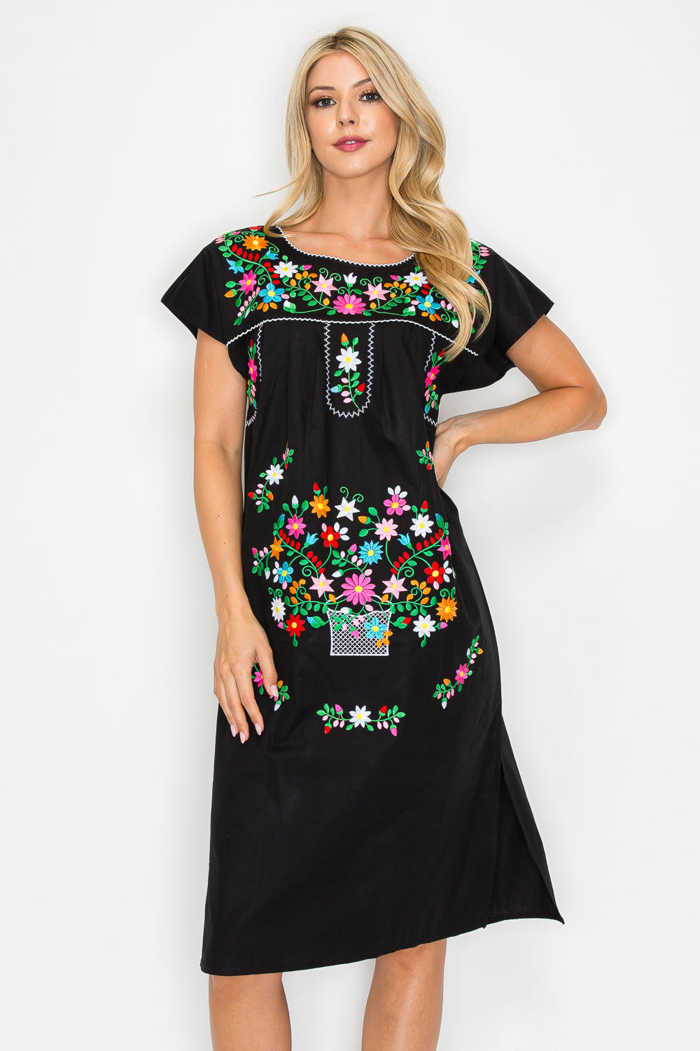 Traditional Black Mexican  Dress with Colorful Embroidery (S-3XL) $15 Per Piece. WD2058