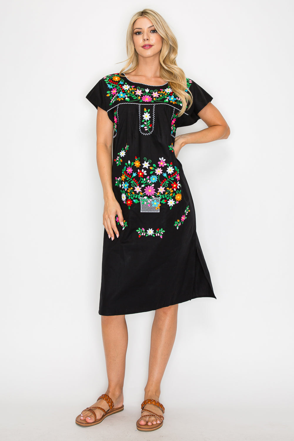 Traditional Black Mexican  Dress with Colorful Embroidery (S-3XL) $15 Per Piece. WD2058