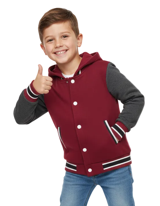 Boys Fleece Varsity Hooded Jacket- Burgundy (2-4), (S-XL) $9.00-$10.00 Per Piece. VJ2199