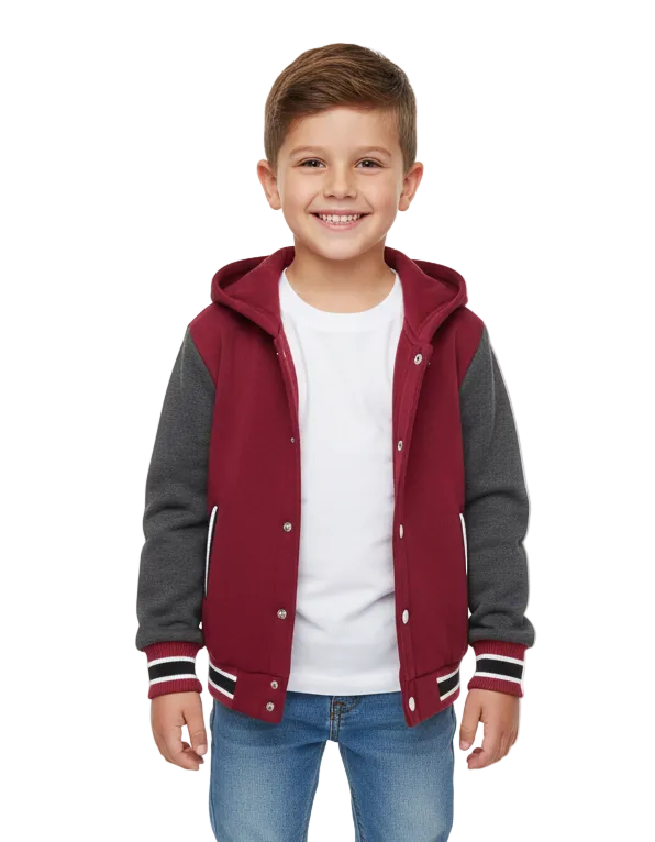 Boys Fleece Varsity Hooded Jacket- Burgundy (2-4), (S-XL) $9.00-$10.00 Per Piece. VJ2199