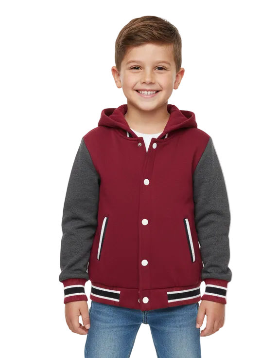 Boys Fleece Varsity Hooded Jacket- Burgundy (2-4), (S-XL) $9.00-$10.00 Per Piece. VJ2199