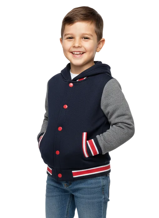 Boys Fleece Varsity Hooded Jacket- Charcoal (2-4), (S-XL) $9.00-$10.00 Per Piece. VJ2199