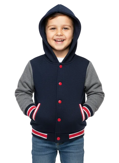 Boys Fleece Varsity Hooded Jacket- Charcoal (2-4), (S-XL) $9.00-$10.00 Per Piece. VJ2199