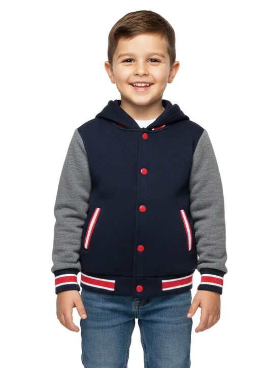 Boys Fleece Varsity Hooded Jacket- Charcoal (2-4), (S-XL) $9.00-$10.00 Per Piece. VJ2199