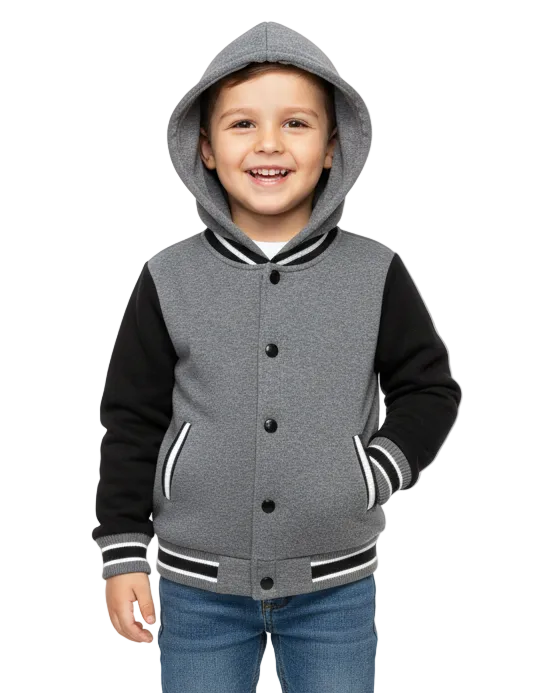 Boys Fleece Varsity Hooded Jacket- D. Grey (2-4), (S-XL) $9.00-$10.00 Per Piece. VJ2199