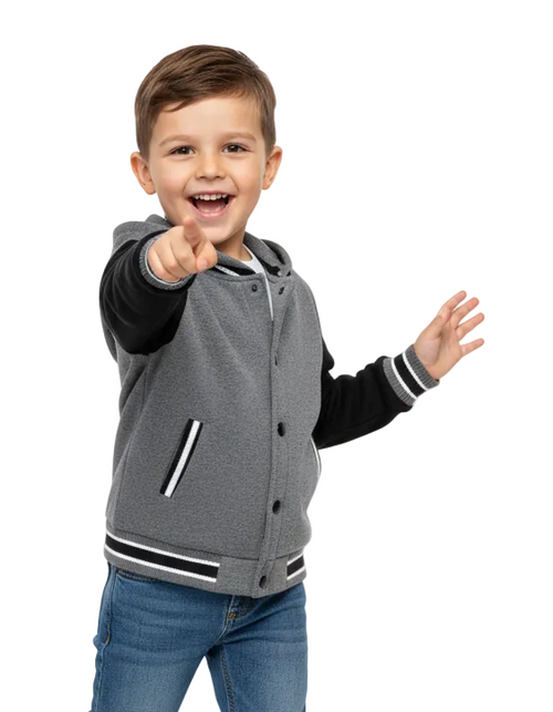 Boys Fleece Varsity Hooded Jacket- D. Grey (2-4), (S-XL) $9.00-$10.00 Per Piece. VJ2199