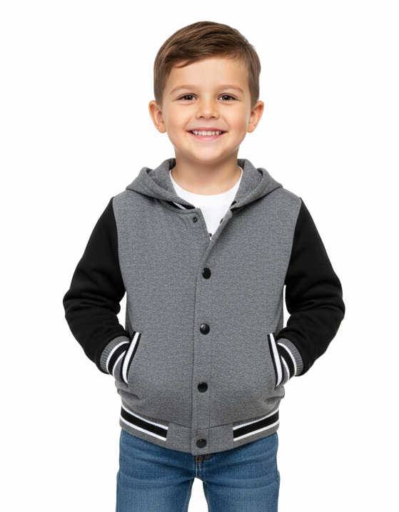 Boys Fleece Varsity Hooded Jacket- D. Grey (2-4), (S-XL) $9.00-$10.00 Per Piece. VJ2199