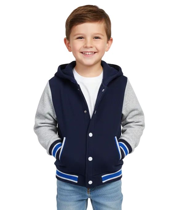 Boys Fleece Varsity Hooded Jacket- Navy (2-4), (S-XL) $9.00-$10.00 Per Piece. VJ2199