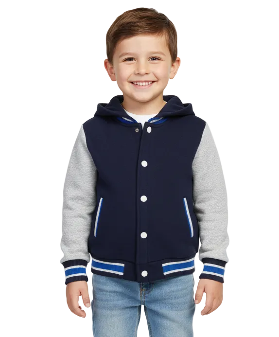 Boys Fleece Varsity Hooded Jacket- Navy (2-4), (S-XL) $9.00-$10.00 Per Piece. VJ2199